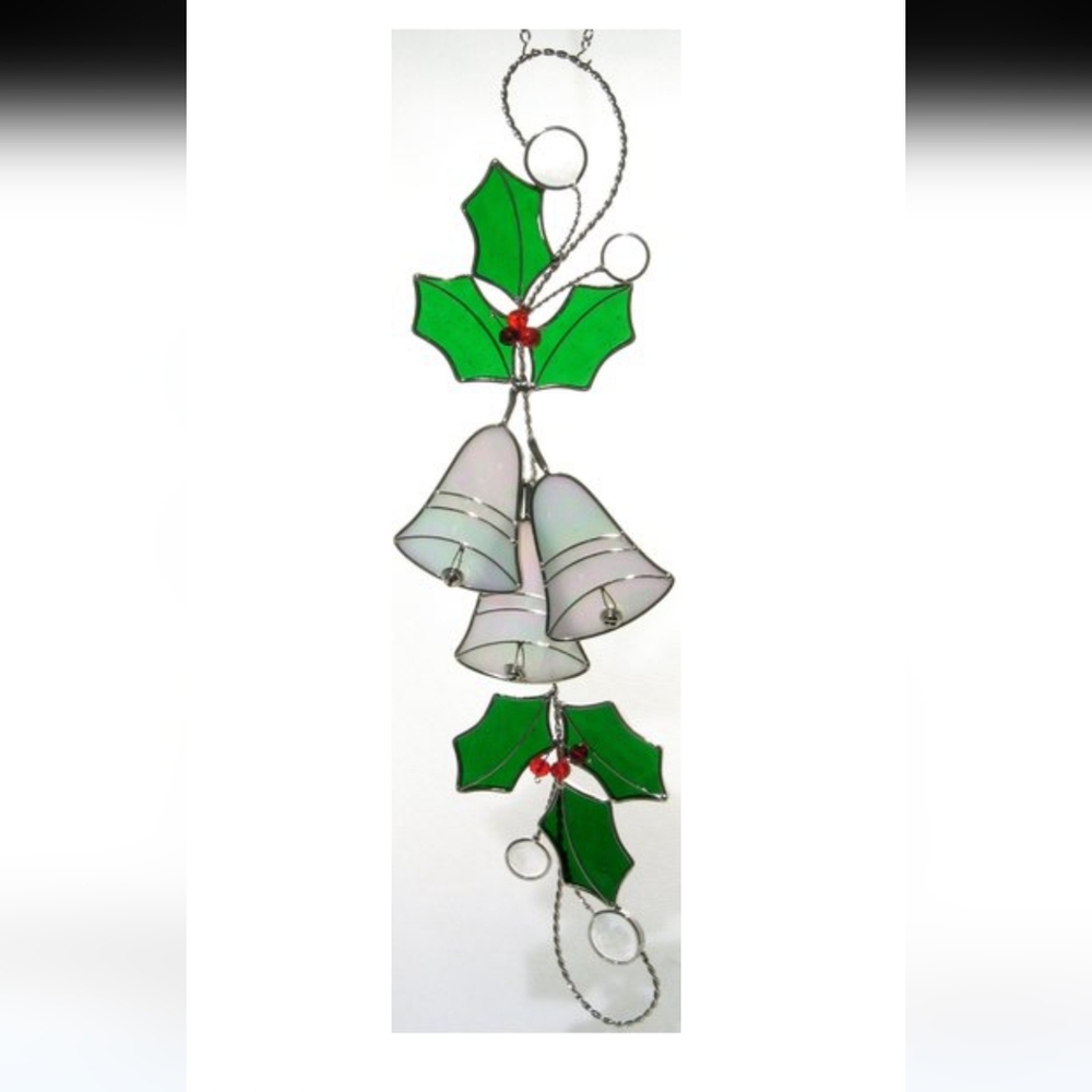 Studio One Stained Glass Christmas Bell Scroll Holly Leaves Wall Window Hanger